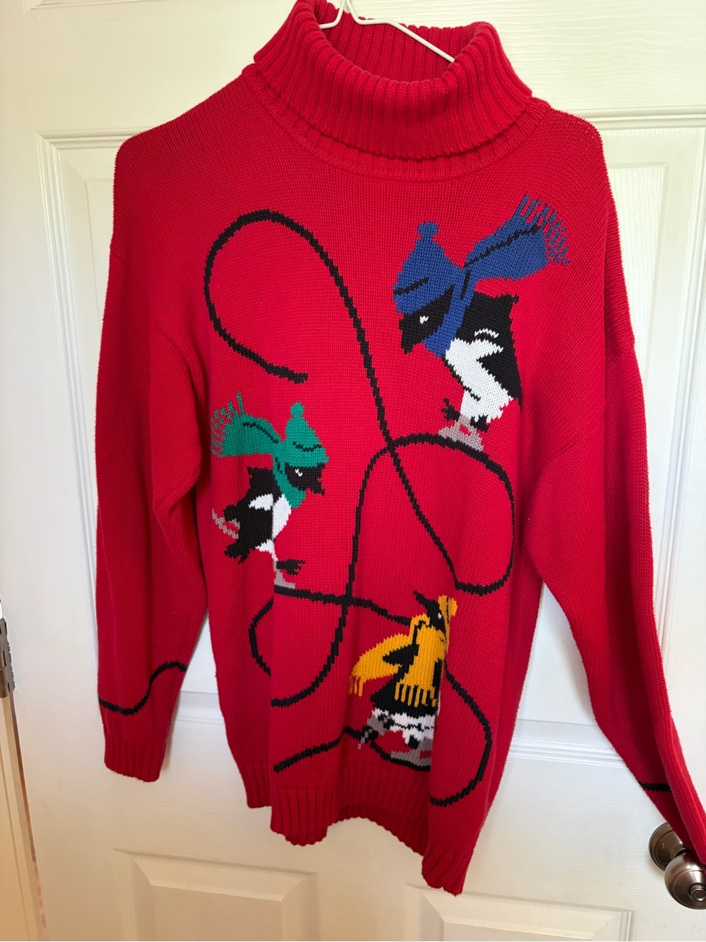 Red Turtleneck Penguin Knit Sweater with Colorful Hats vintage